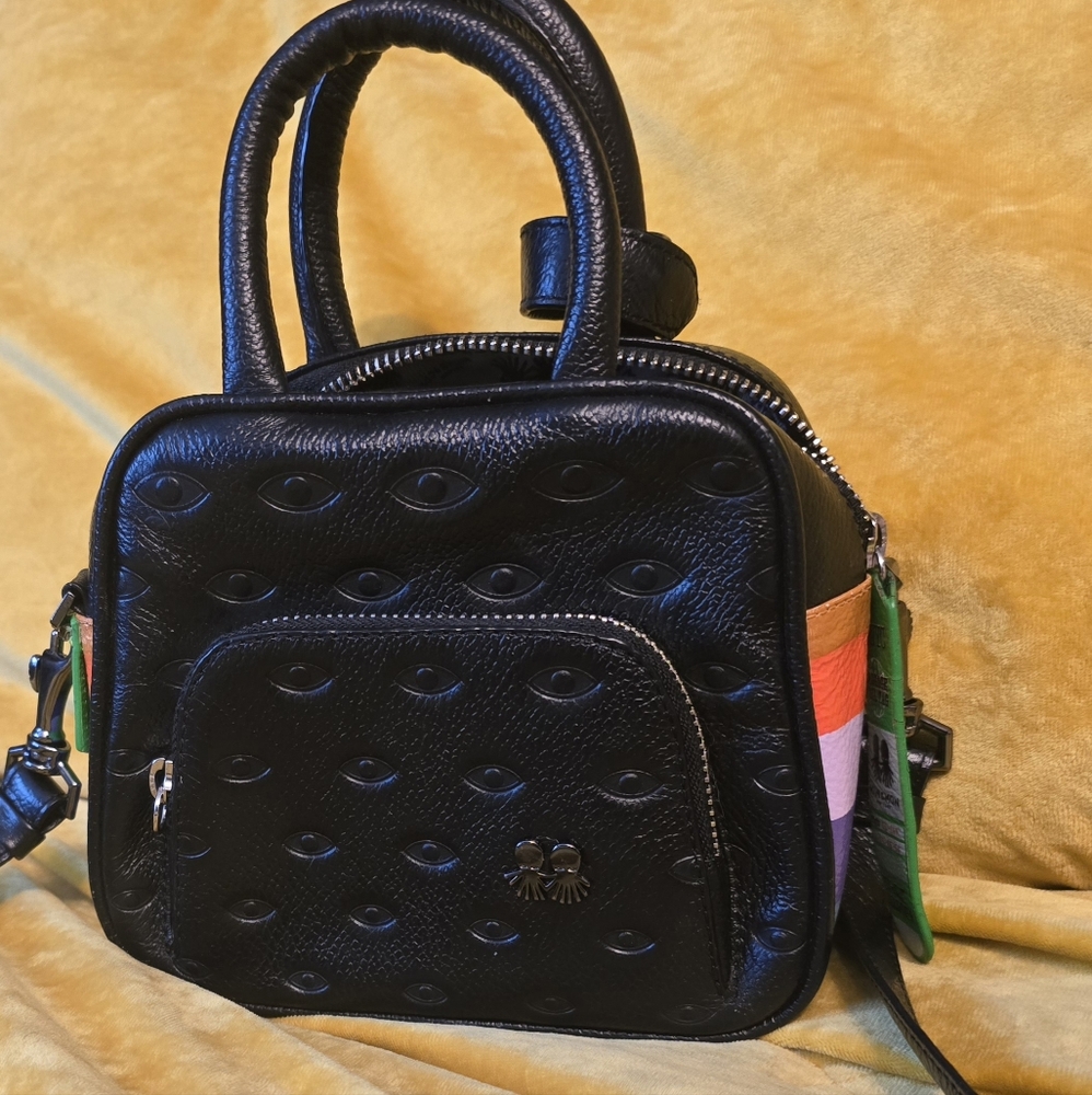 Min & Mon- Marino Mini Crossbody Black Leather Bag- Eyes Pattern Debossed